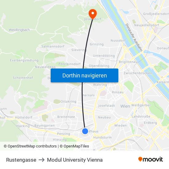 Rustengasse to Modul University Vienna map