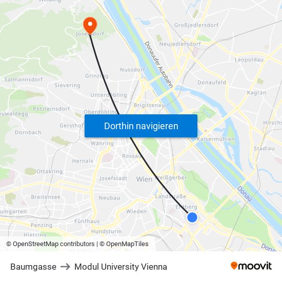 Baumgasse to Modul University Vienna map