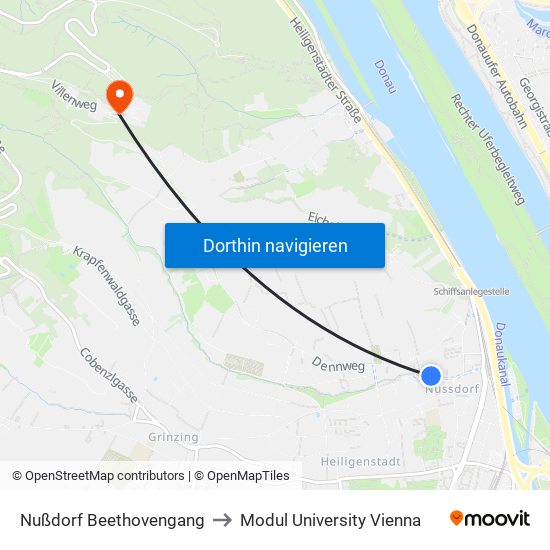 Nußdorf Beethovengang to Modul University Vienna map