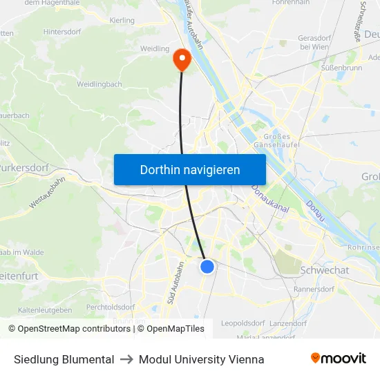Siedlung Blumental to Modul University Vienna map
