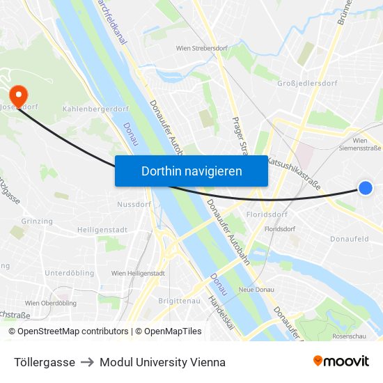 Töllergasse to Modul University Vienna map