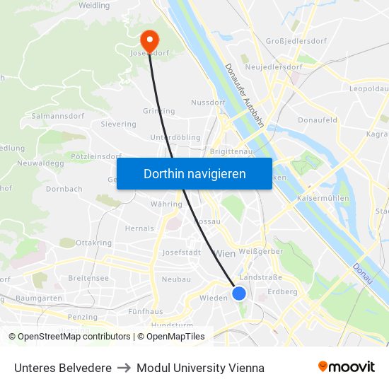 Unteres Belvedere to Modul University Vienna map
