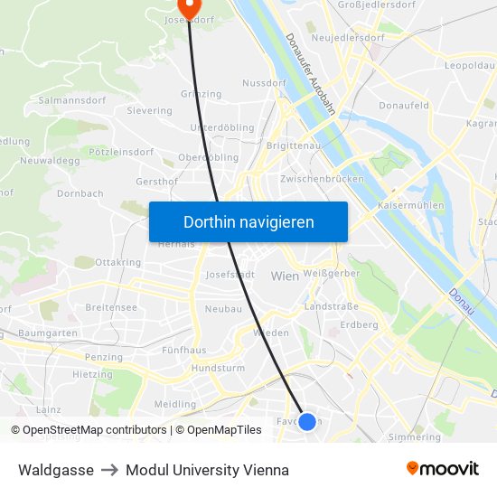 Waldgasse to Modul University Vienna map