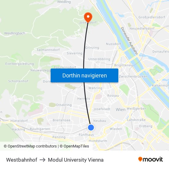 Westbahnhof to Modul University Vienna map