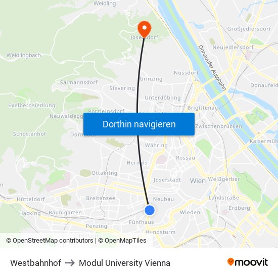 Westbahnhof to Modul University Vienna map