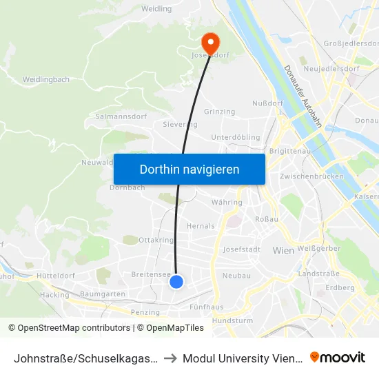 Johnstraße/Schuselkagasse to Modul University Vienna map