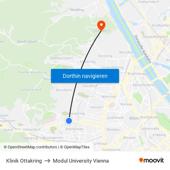 Klinik Ottakring to Modul University Vienna map