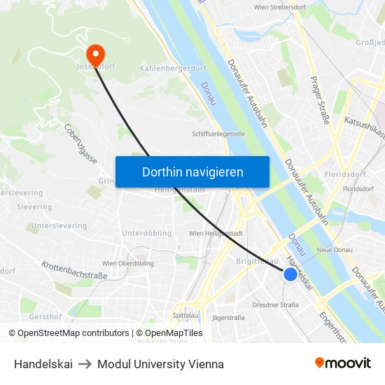 Handelskai to Modul University Vienna map