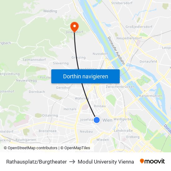 Rathausplatz/Burgtheater to Modul University Vienna map