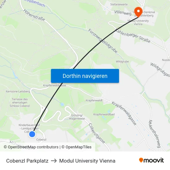 Cobenzl Parkplatz to Modul University Vienna map
