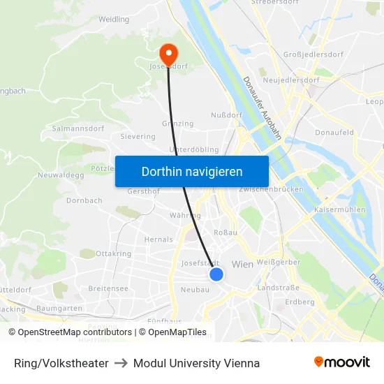 Ring/Volkstheater to Modul University Vienna map
