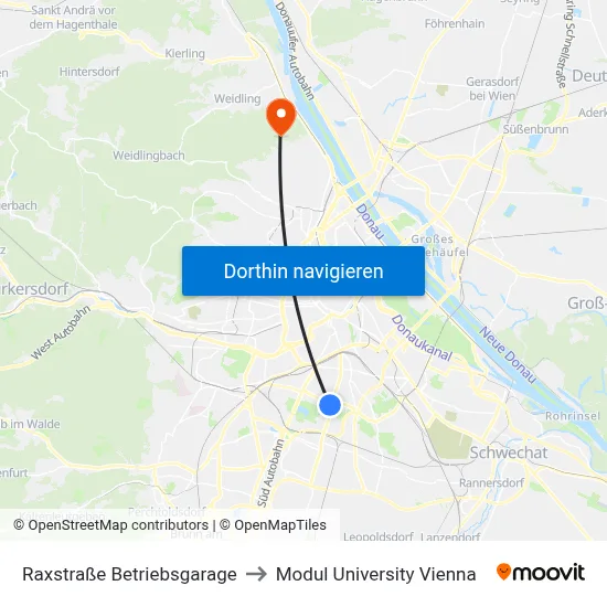 Raxstraße Betriebsgarage to Modul University Vienna map