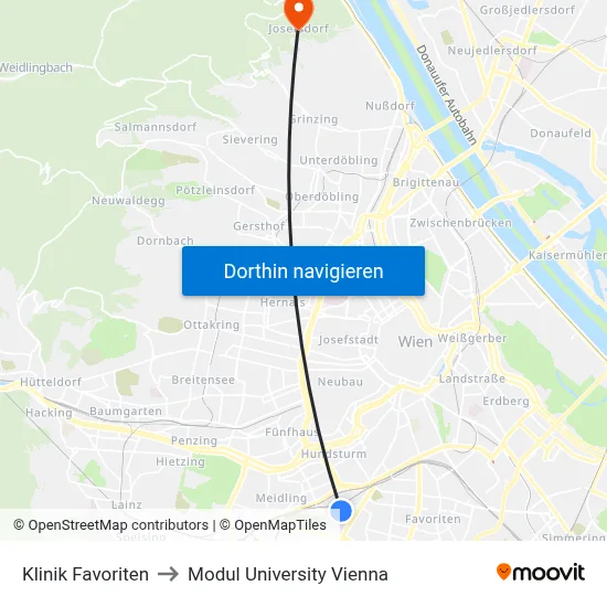 Klinik Favoriten to Modul University Vienna map