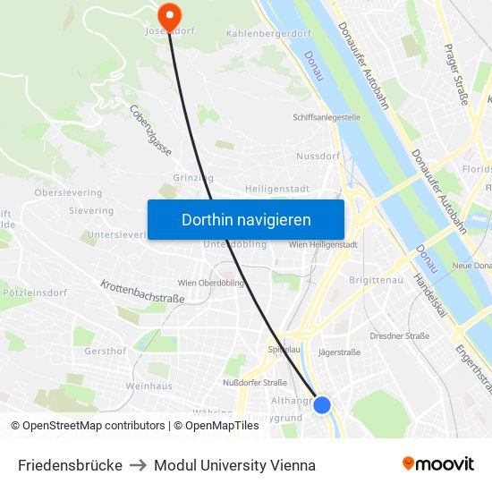 Friedensbrücke to Modul University Vienna map