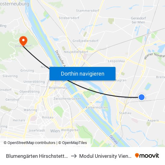 Blumengärten Hirschstetten to Modul University Vienna map