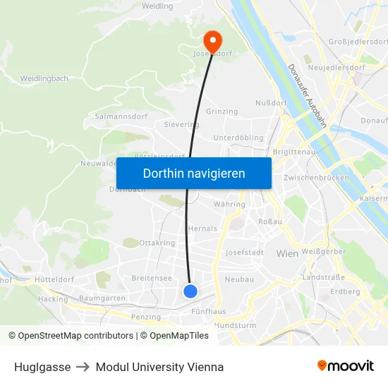 Huglgasse to Modul University Vienna map