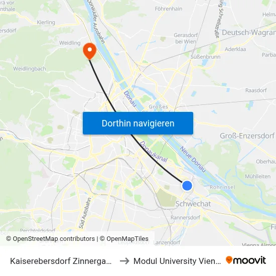 Kaiserebersdorf Zinnergasse to Modul University Vienna map