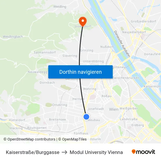 Kaiserstraße/Burggasse to Modul University Vienna map