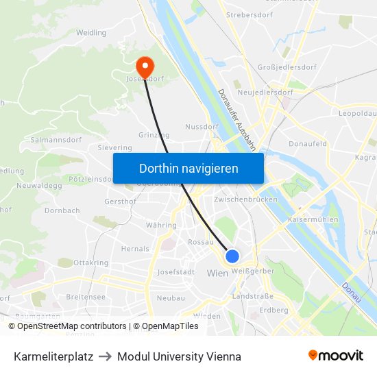 Karmeliterplatz to Modul University Vienna map