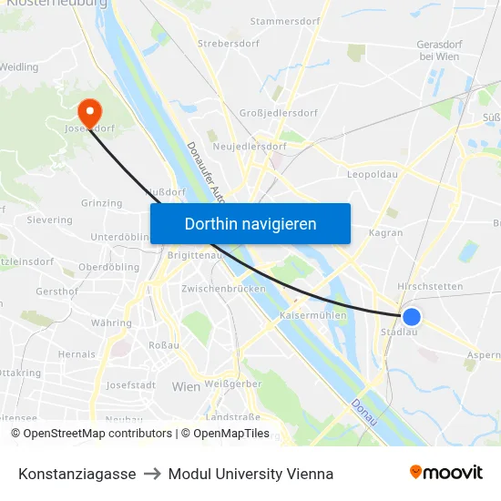 Konstanziagasse to Modul University Vienna map