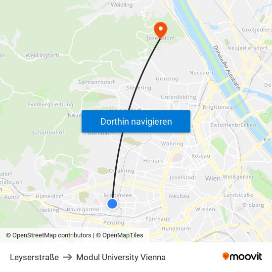 Leyserstraße to Modul University Vienna map