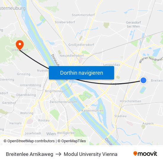 Breitenlee Arnikaweg to Modul University Vienna map