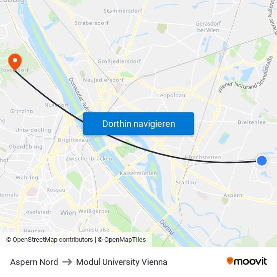 Aspern Nord to Modul University Vienna map