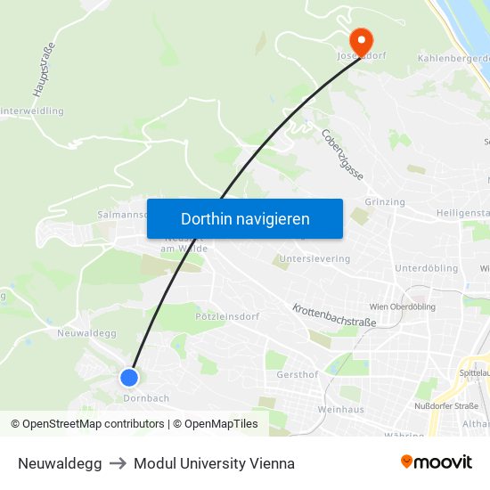 Neuwaldegg to Modul University Vienna map