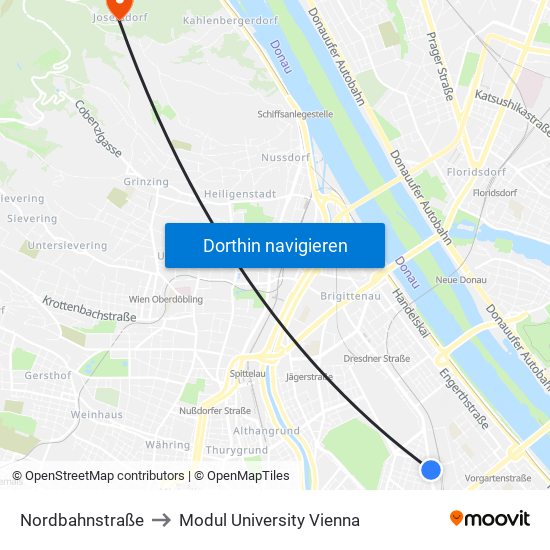 Nordbahnstraße to Modul University Vienna map