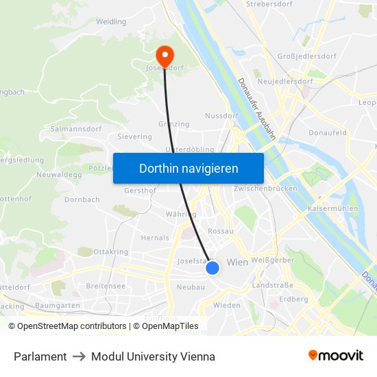 Parlament to Modul University Vienna map