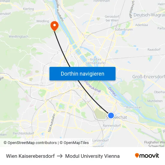 Wien Kaiserebersdorf to Modul University Vienna map