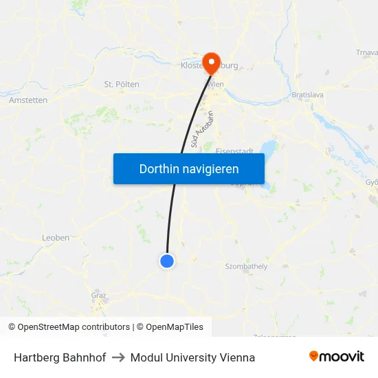 Hartberg Bahnhof to Modul University Vienna map
