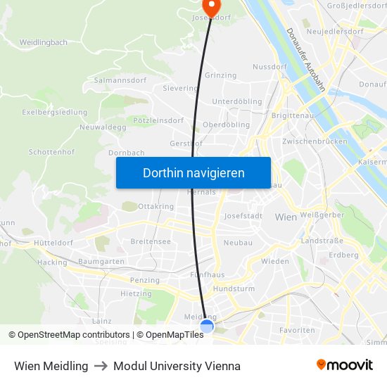 Wien Meidling to Modul University Vienna map