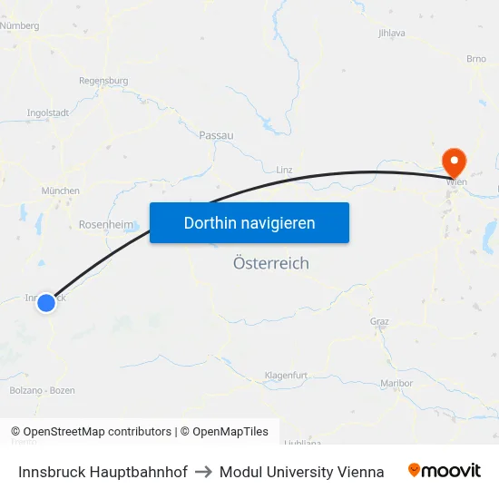 Innsbruck Hauptbahnhof to Modul University Vienna map