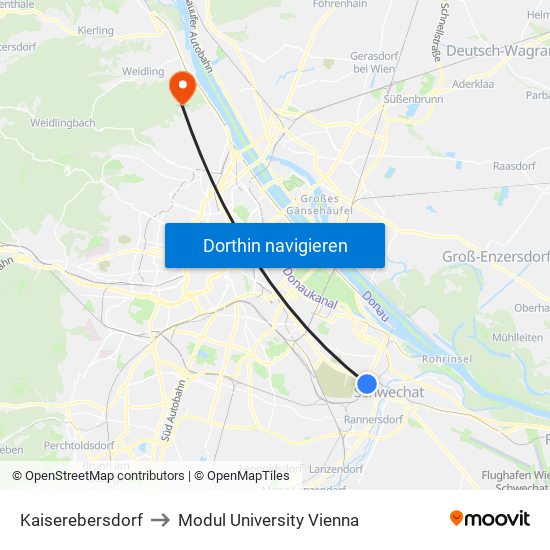 Kaiserebersdorf to Modul University Vienna map