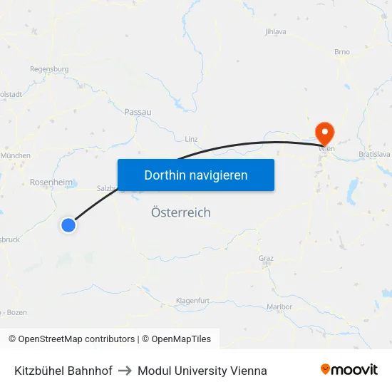 Kitzbühel Bahnhof to Modul University Vienna map