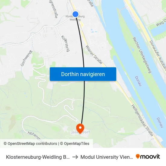 Klosterneuburg-Weidling Bhf. to Modul University Vienna map