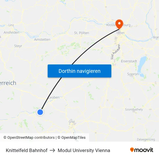 Knittelfeld Bahnhof to Modul University Vienna map