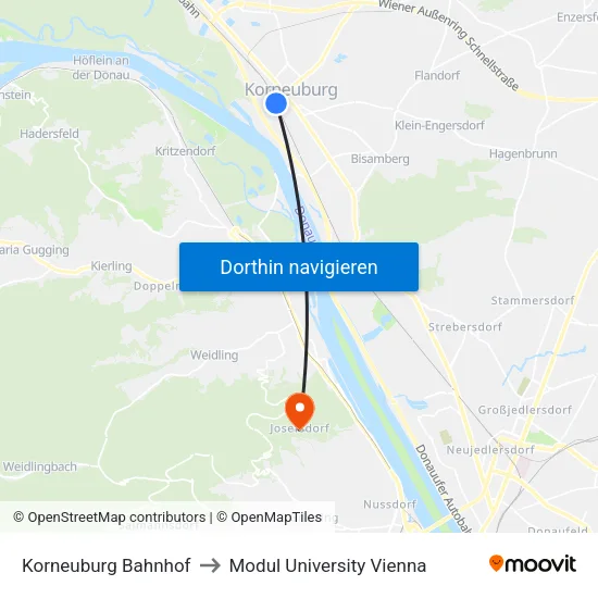 Korneuburg Bahnhof to Modul University Vienna map