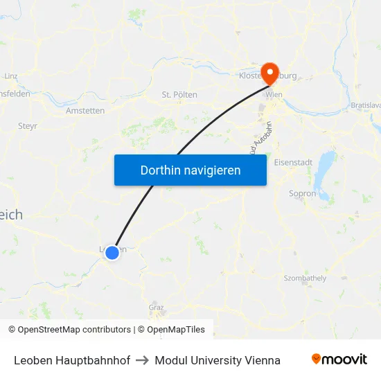Leoben Hauptbahnhof to Modul University Vienna map