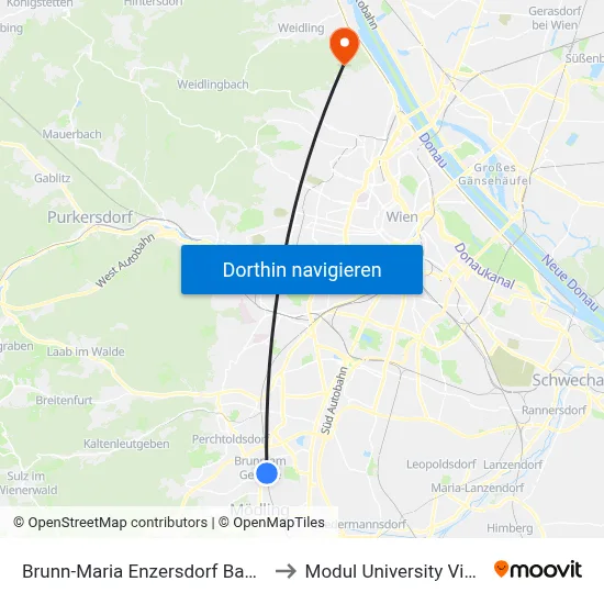 Brunn-Maria Enzersdorf Bahnhof to Modul University Vienna map