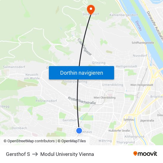 Gersthof S to Modul University Vienna map