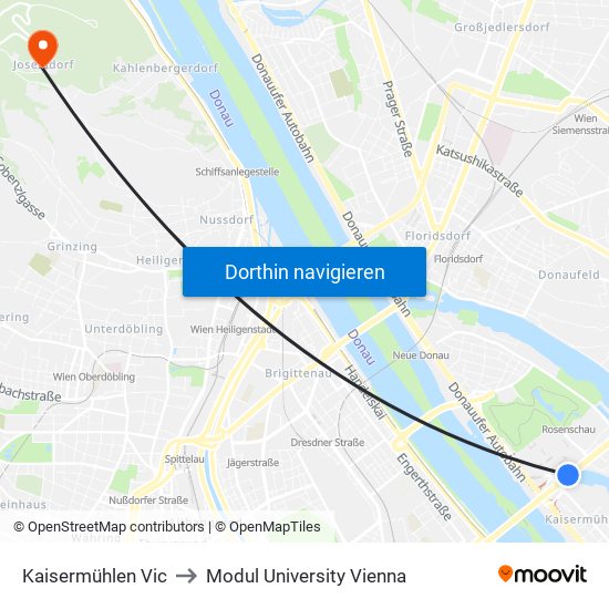 Kaisermühlen Vic to Modul University Vienna map