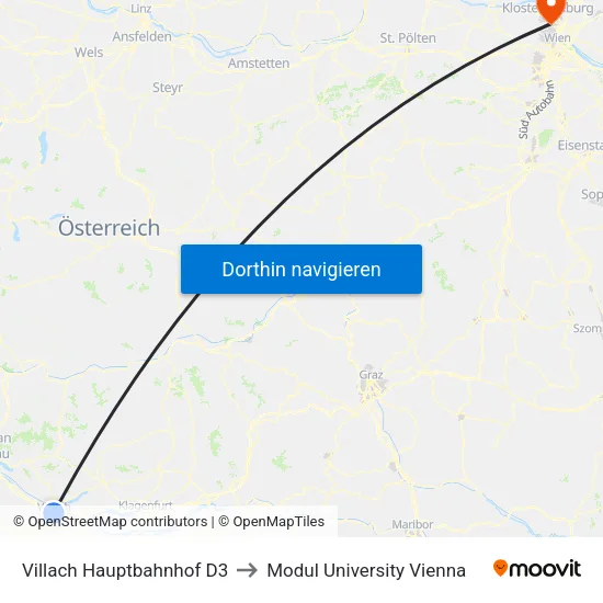 Villach Hauptbahnhof to Modul University Vienna map