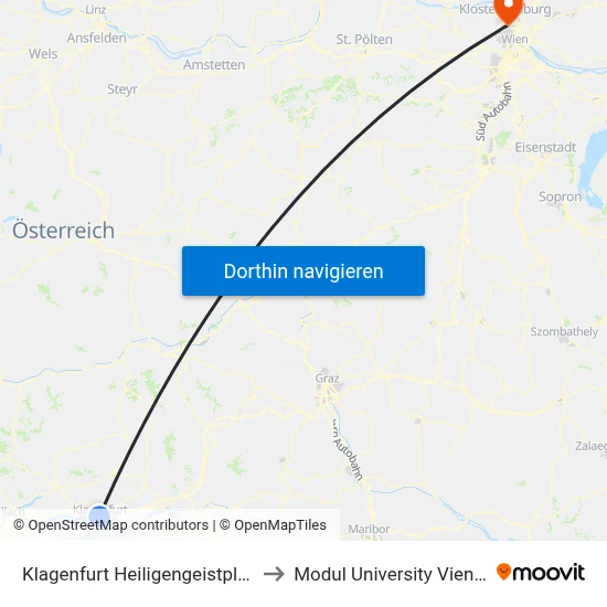 Klagenfurt Heiligengeistplatz to Modul University Vienna map