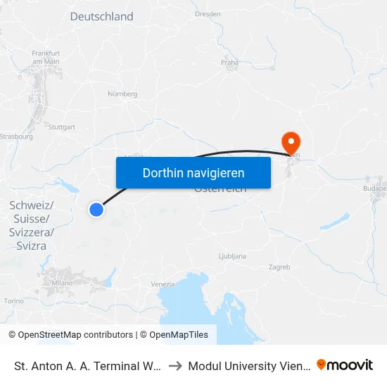 St. Anton A. A. Terminal West to Modul University Vienna map