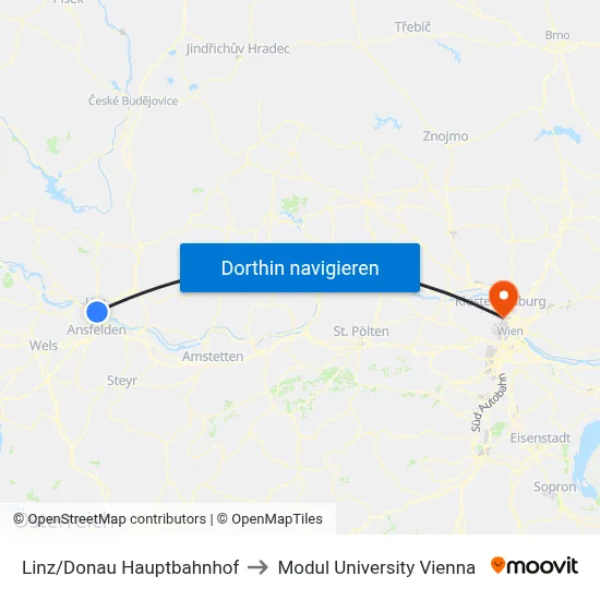 Linz/Donau Hauptbahnhof to Modul University Vienna map