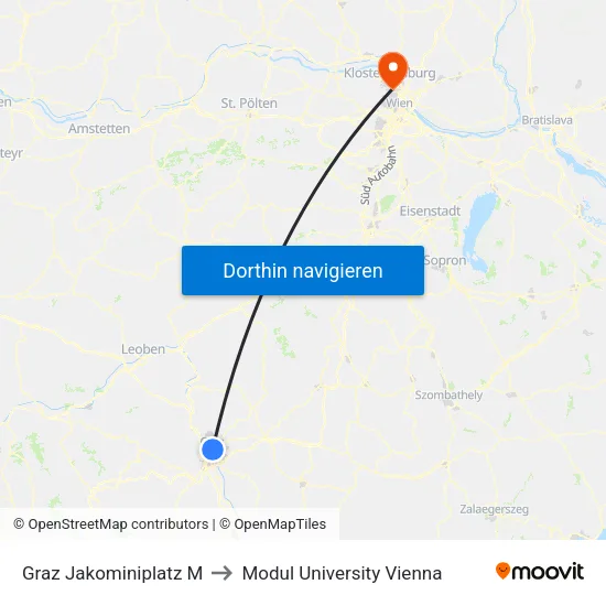 Graz Jakominiplatz to Modul University Vienna map