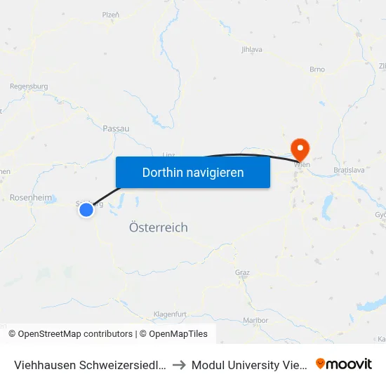 Viehhausen Schweizersiedlung to Modul University Vienna map