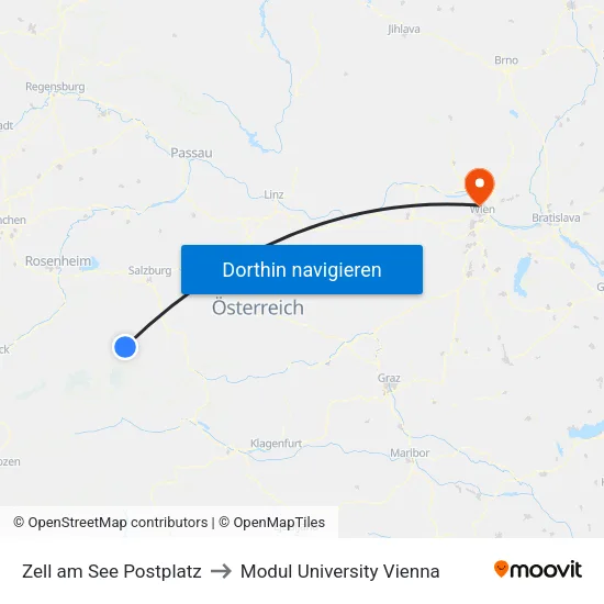 Zell am See Postplatz to Modul University Vienna map